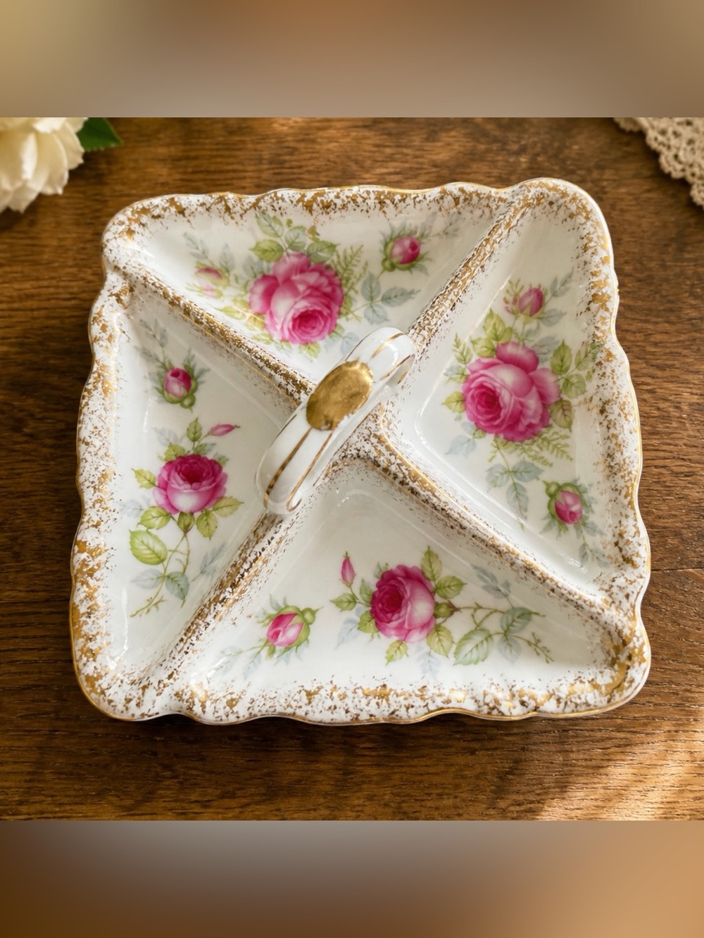 NORCREST VINTAGE ROSE DIVIDED DISH 6x6 GOLD TRIM RELISH TRAY JAPAN